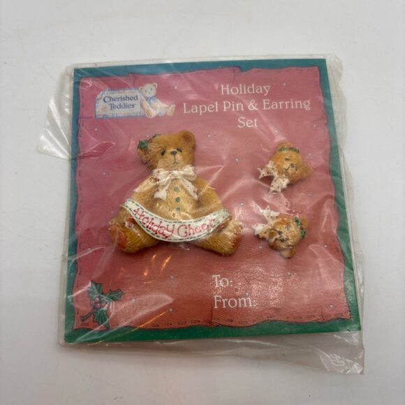 Vintage Cherished Teddies Holiday Cheer Holiday Lapel Pin and Earrings Set New! - Picture 1 of 11